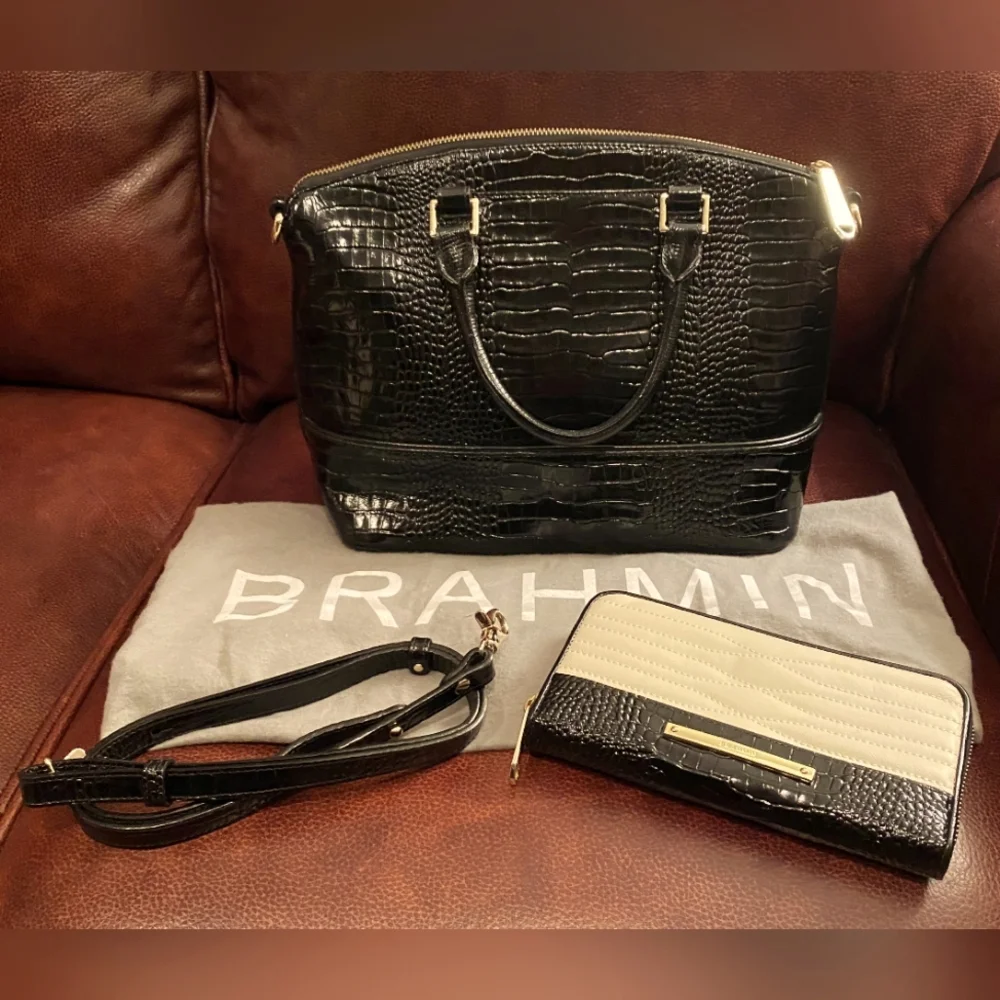 NWOT Brahmin Duxbury Custom Quilted Ivory and Black Satchel and Suri Wallet Set - Picture 2 of 7